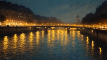 Parisian nocturne, a bridge at twilight.  City lights reflecting on a river.  Soft, hazy ambiance