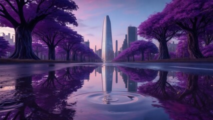 Purple-hued city reflected in a placid pool