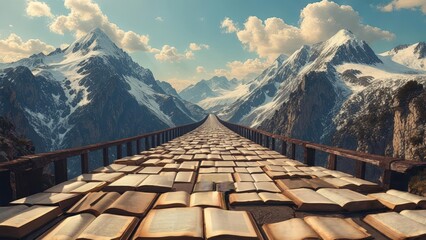 A paved pathway of open books stretches into a mountain vista