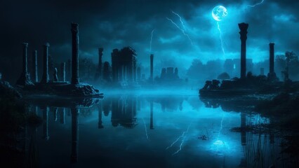 Ruined city by a still lake at night, moonlight and stormy clouds