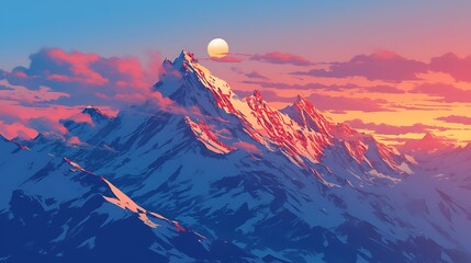 Sunset on Mountain Peaks panchachuli In Indian Himalayas