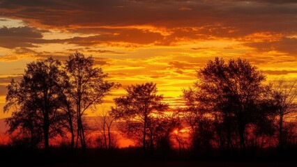 Silhouetted trees against fiery sunset