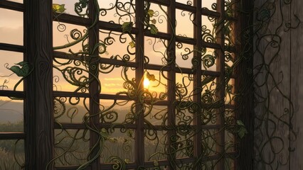 Wooden lattice window, overgrown with vines, sunset view