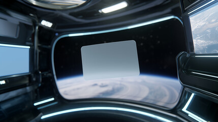 Floating White Business Card Inside Futuristic Spaceship Cabin

