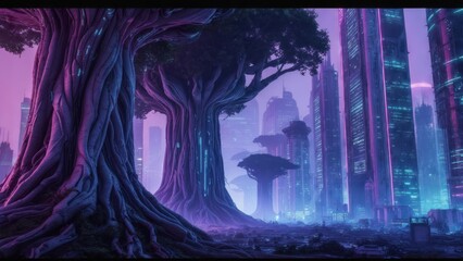 Neon trees stand guard in a futuristic city, bathed in twilight hues