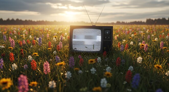 An old-fashioned television with static sits in a sunlit meadow filled with colorful wildflowers.