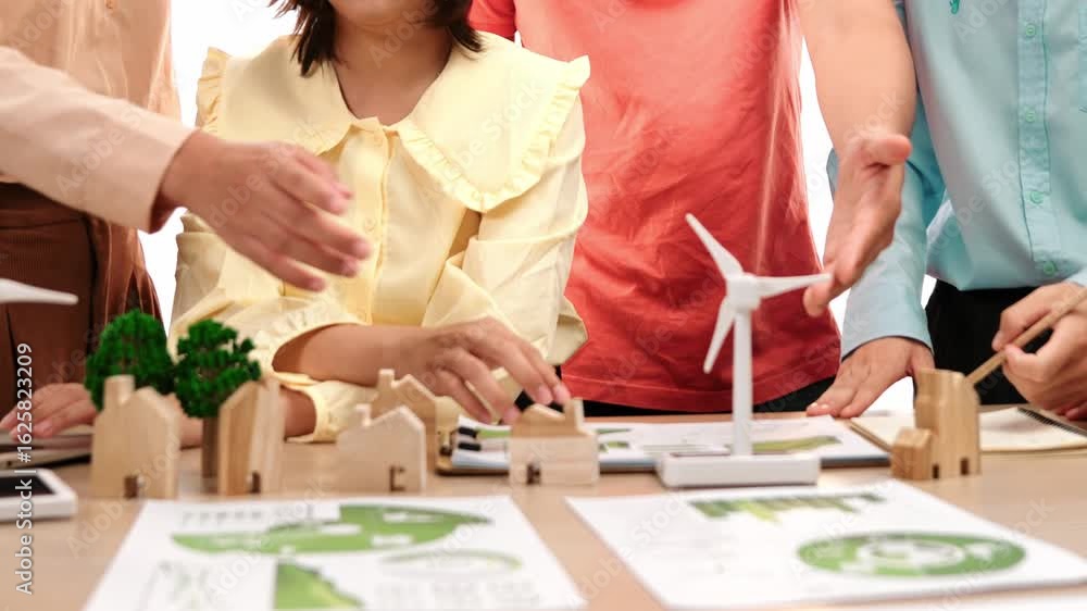 Poster manager recommend alternative energy to team for company's esg. windmill model represented using cle