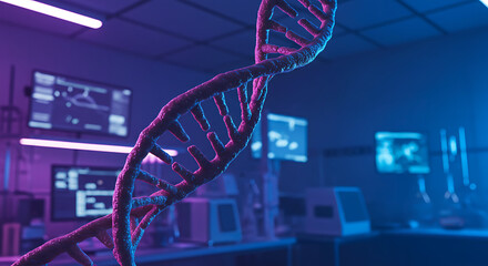 Naklejka premium A DNA double helix model dominates a futuristic, brightly lit laboratory setting.