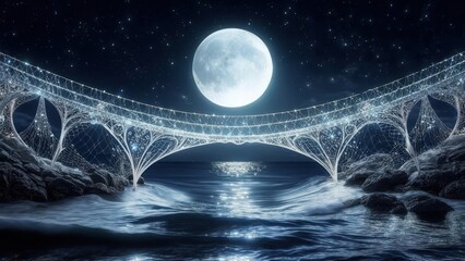 Mystical bridge over moonlit water.  A  glowing, ornate bridge spans a body of water at night.  A full moon shines above