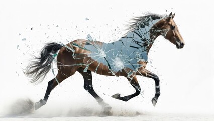 A galloping horse, its form composed of shattered glass