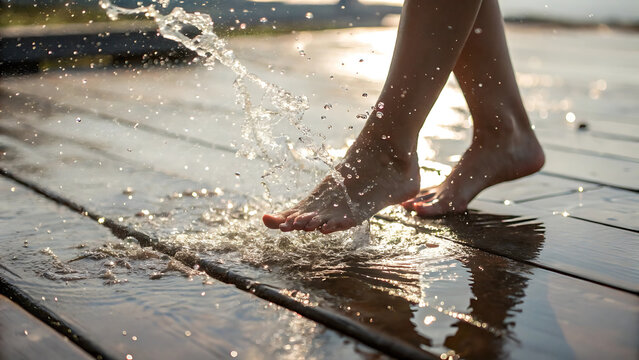 Bare feet splashing water on a wooden dock at sunset - Powered by Adobe