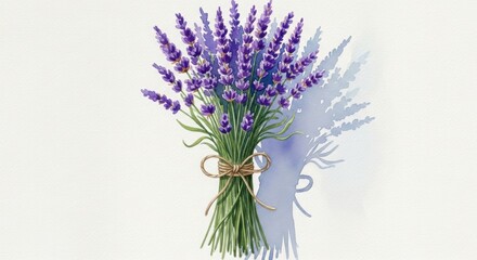 Watercolor illustration of a bouquet of purple lavender tied with twine on a white textured background with a soft shadow