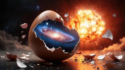 Cosmic egg cracking, galaxy within, explosive birth
