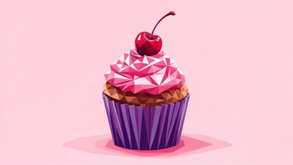 Pink and purple cupcake with cherry.  Low-poly style, on a soft pink background