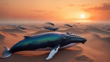 Whales soar across a desert sunset