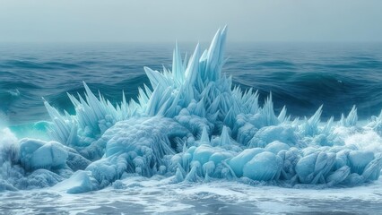 Ice formations jutting from a frozen shoreline.  Azure ice crystals, sharp and spiky, rise dramatically from a textured frozen surface, meeting churning, blue-gray waves
