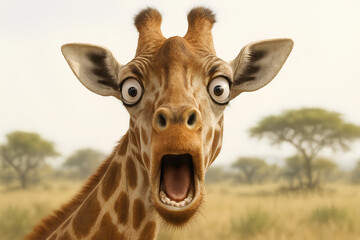 Close-up of a giraffe with wide eyes and open mouth, appearing surprised or shocked in a savanna setting.