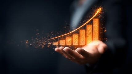 Businessman holding a glowing orange bar graph with rising arrow, symbolizing financial growth, business success, performance improvement, data analytics, and futuristic economic progress.

