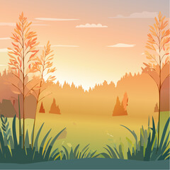 Wild grass in the forest at sunset