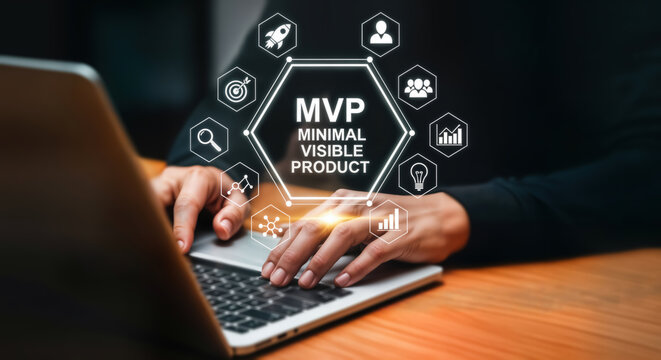 Minimal viable product mvp concept illustrated with icons representing business strategy, startup growth, customer feedback, and project management, as a person works on a laptop