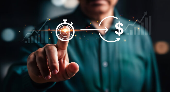 A businessmans finger touches a digital interface displaying a financial graph with a stopwatch icon connected to a dollar sign, symbolizing the concept of time is money and financial growth