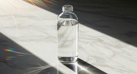 Clear glass bottle filled with water on a marble surface with rainbow light refractions liquid