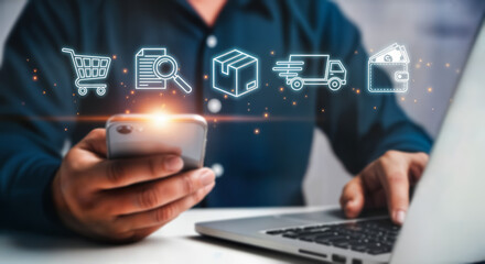 Person using smartphone and laptop for online shopping and ecommerce, with icons representing various stages of the purchase and delivery process, symbolizing digital transactions and modern retail