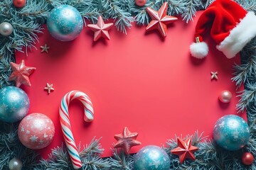 blank red paper and christmas balls, cane candy with santa hat in blue and pink cinematic style with copy space