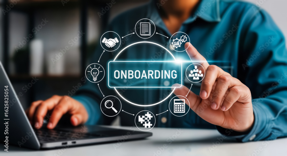 Poster onboarding process concept with icons representing different stages of employee integration and deve