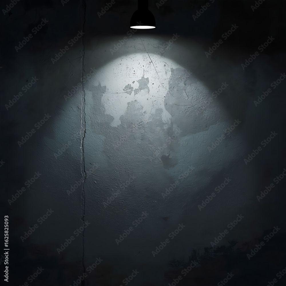 Wall mural the scene is dramatic, with a textured concrete wall illuminated by a spotlight, creating a mysterio