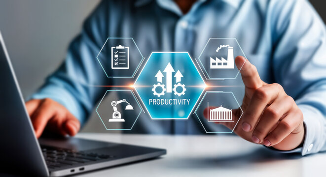 Businessman pointing at a digital interface displaying productivity growth with icons representing industry, finance, automation, and task management, symbolizing business improvement and efficiency