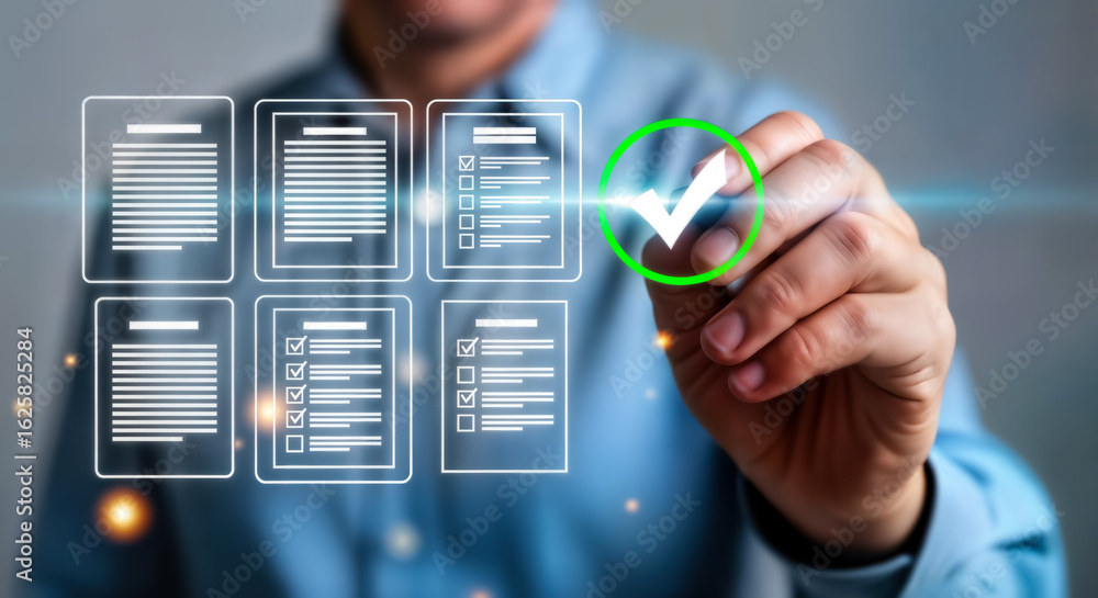 Poster businessman checking a document on a transparent screen, symbolizing successful completion, approval