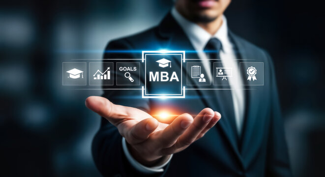Businessman presenting mba degree and business education concept with icons representing goals, learning, strategy, and achievement, symbolizing career advancement and professional development - Powered by Adobe