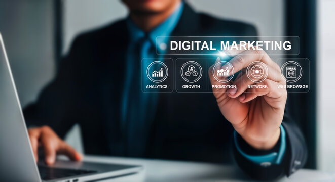 Businessman touching a digital marketing interface with icons representing growth, analytics, and strategy, symbolizing online business development and success