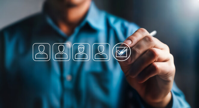A persons hand is selecting a candidate from a line of people icons, with a checkmark indicating the chosen individual, representing recruitment and selection in human resources