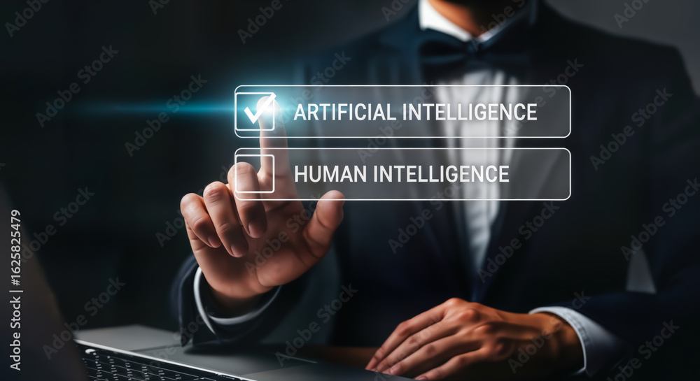 Aufkleber person selecting artificial intelligence over human intelligence on a digital interface, representin