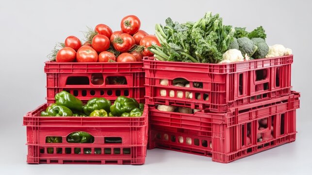 Red plastic crates for vegetables are shown front and side. They are used for grocery delivery and storing fruit in supermarkets. These reusable containers help organize warehouses.