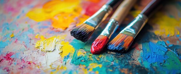 Obraz premium Close-up of vibrant paintbrushes resting on a colorful artist palette, showcasing a blend of rich colors and textures that inspire creativity and artistic expression.
