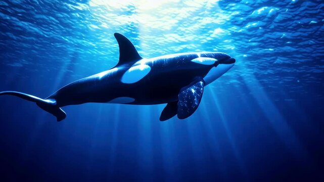 Majestic orca swimming in deep blue ocean waters