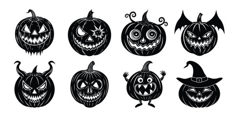 Horror-Themed Halloween Pumpkin Faces Silhouette Vector Collection.