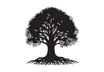 Silhouette of a Large Oak Tree with Visible Roots Representing Strength and Nature on a White Background