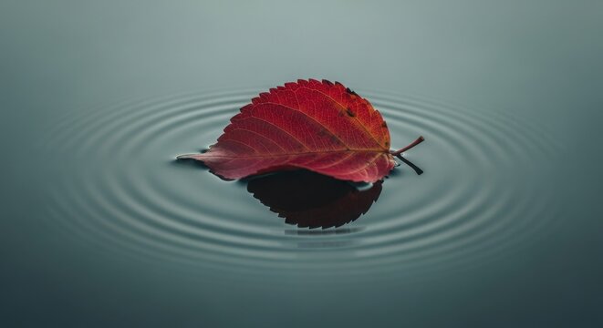 Single red leaf floating on dark water creating ripples image