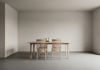 Minimalist dining room with wooden table and chairs in a bright neutral interior space