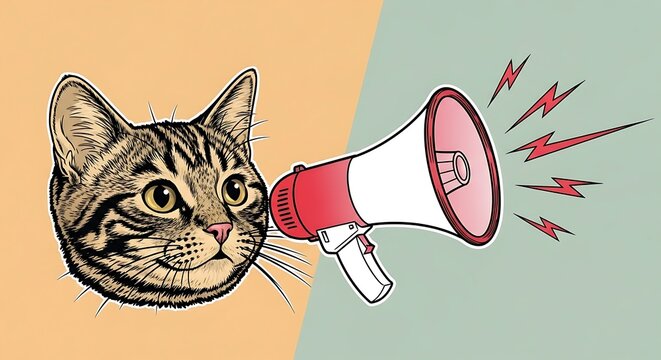A conceptual illustration of a tabby cat listening to a loud announcement from a red megaphone against a split background. - Powered by Adobe