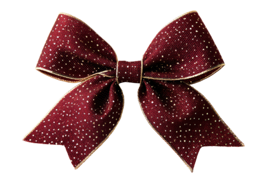 A maroon ribbon bow with gold trim and sparkly dots