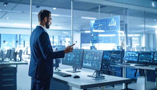 Businessman analyzing data in a modern office - Powered by Adobe