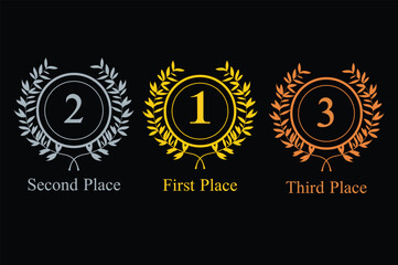 Naklejka premium First Second Third Place Laurel Wreath Vector Set, Award Medal Emblem, Winner Badge Design