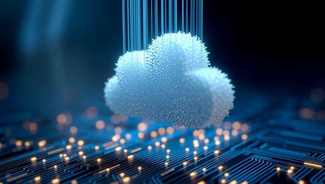3D render of a cloud icon on a digital background with glowing light effects, representing a data transfer concept. Generative AI
