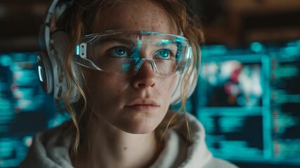A young woman in futuristic glasses and headphones looks focused at a blue-lit data screen, showing digital information - Powered by Adobe