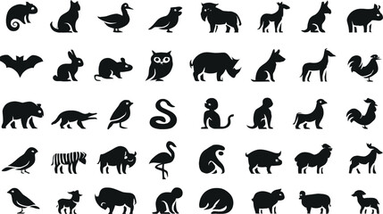Naklejka premium Animal Silhouette Icon Set – Diverse Black Vector Shapes Featuring Mammals, Birds, Reptiles, and Insects for Nature, Wildlife, and Educational Design Projects